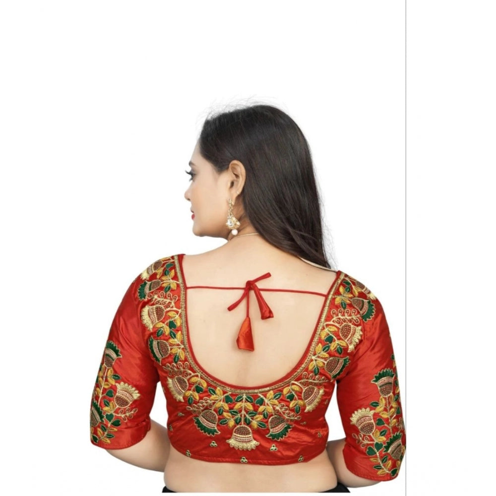 Amfyn Women's Malai Silk Floral Readymade Blouse (Red, Size: Free Size)