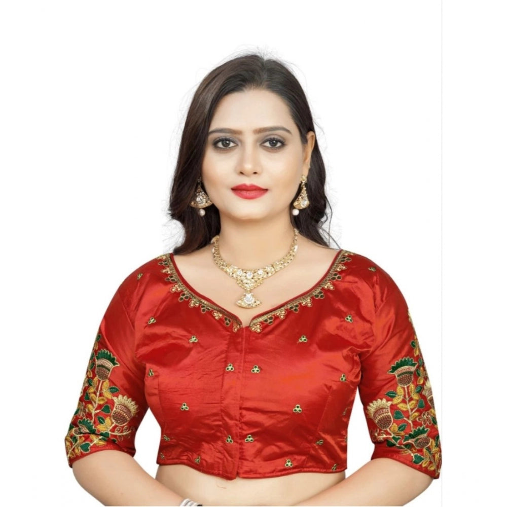 Amfyn Women's Malai Silk Floral Readymade Blouse (Red, Size: Free Size)