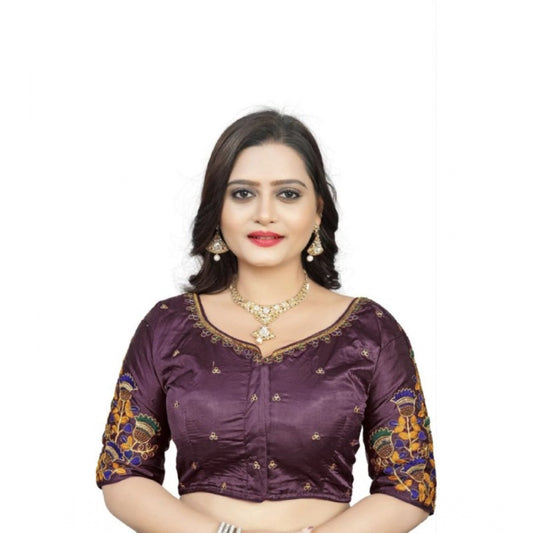 Amfyn Women's Malai Silk Floral Readymade Blouse (Purple, Size: Free Size)