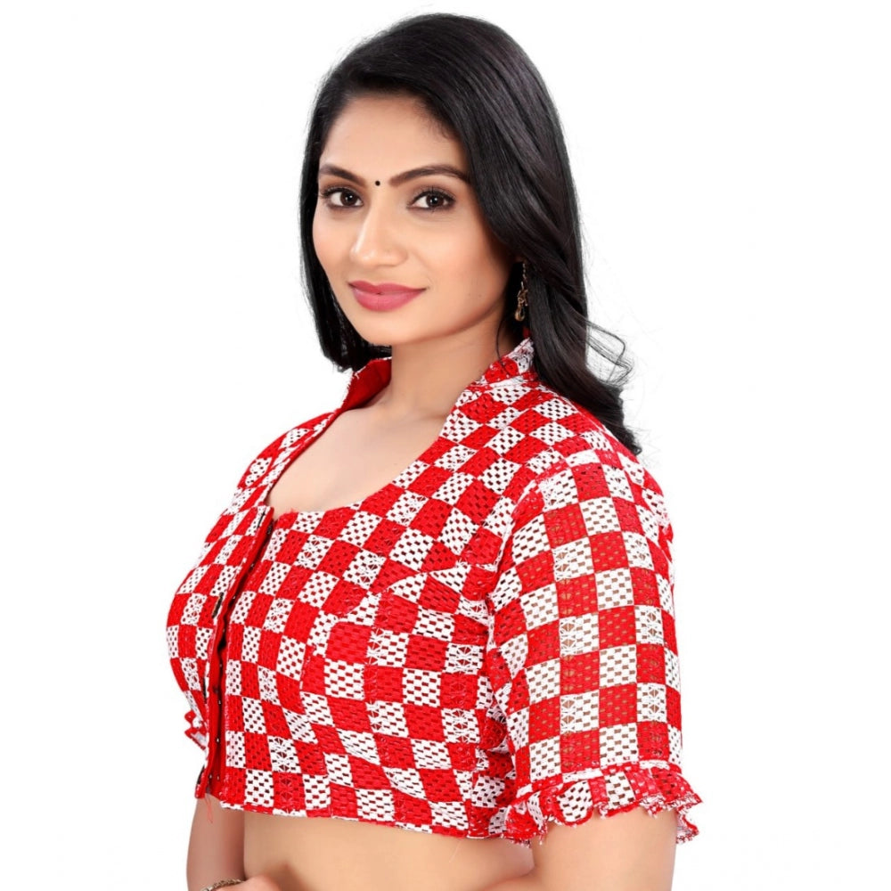 Amfyn Women's Cotton Blend Checks Readymade Blouse (Red, Size: Free Size)