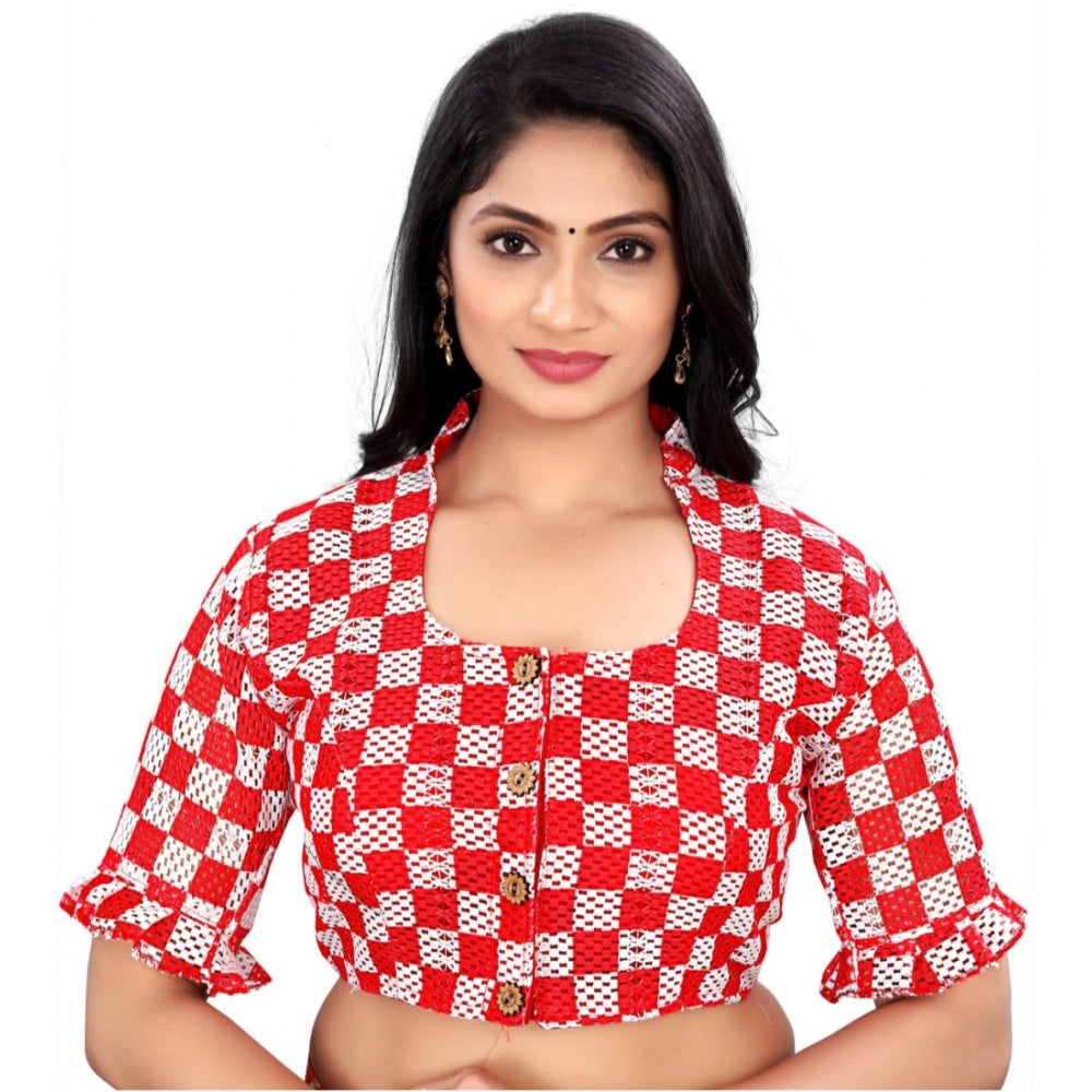 Amfyn Women's Cotton Blend Checks Readymade Blouse (Red, Size: Free Size)