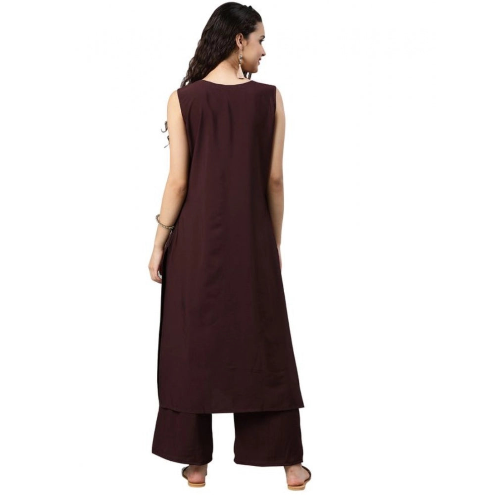 Amfyn Women's Casual sleeveless Solid Crepe Kurti And Palazzo Set (Brown)