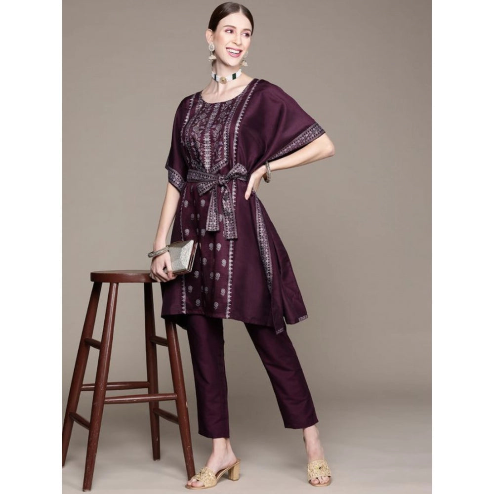 Amfyn Women's Casual 3-4Th Sleeve Floral Printed Chinon Kurti And Pant Set (Wine)