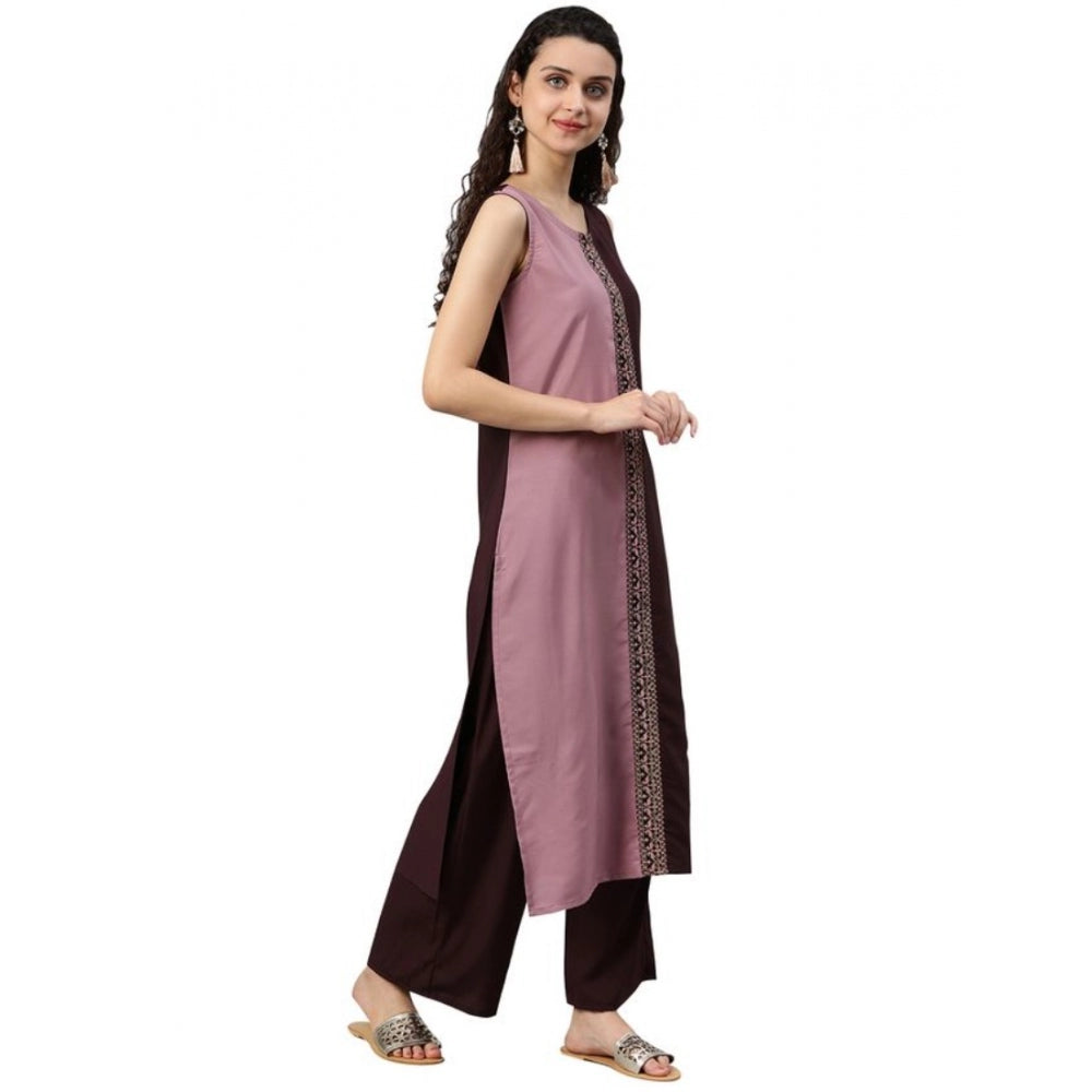 Amfyn Women's Casual sleeveless Solid Crepe Kurti And Palazzo Set (Brown)