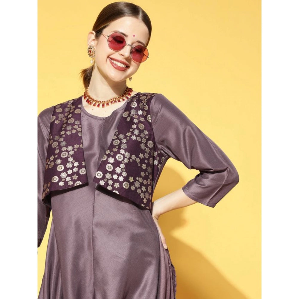 Amfyn Women's Casual 3-4Th Sleeve Solid Chinon Kurti And Pant Set (Purple)