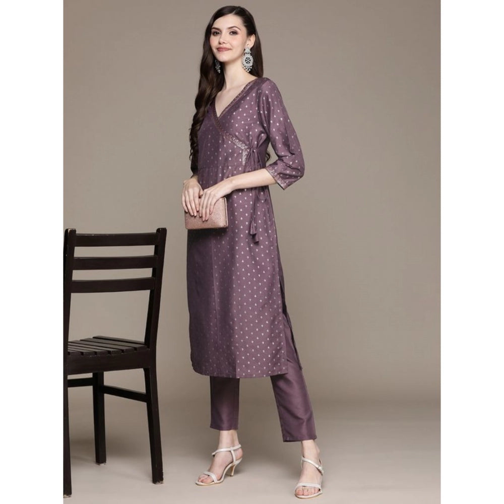 Amfyn Women's Casual 3-4Th Sleeve Small Butti Chinon Kurti And Pant Set (Purple)