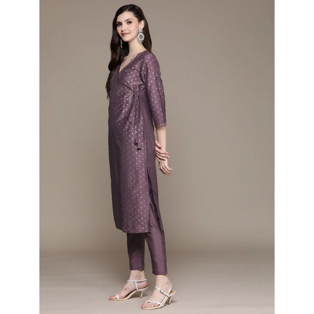 Amfyn Women's Casual 3-4Th Sleeve Small Butti Chinon Kurti And Pant Set (Purple)