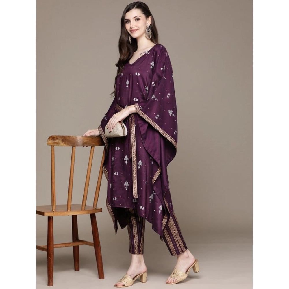 Amfyn Women's Casual 3-4Th Sleeve Traditional Crepe Kurti And Pant Set (Wine)