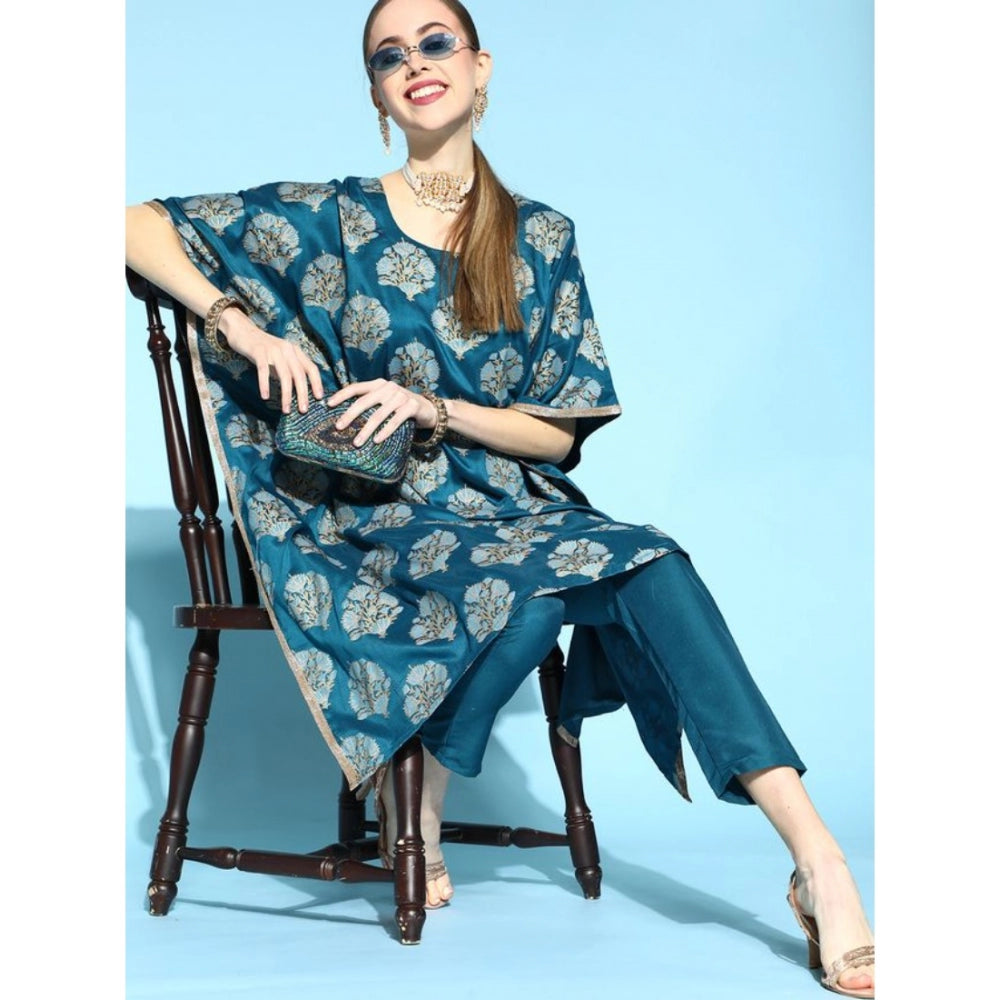 Amfyn Women's Casual 3-4Th Sleeve Floral Printed Chinon Kurti And Pant Set (Teal)