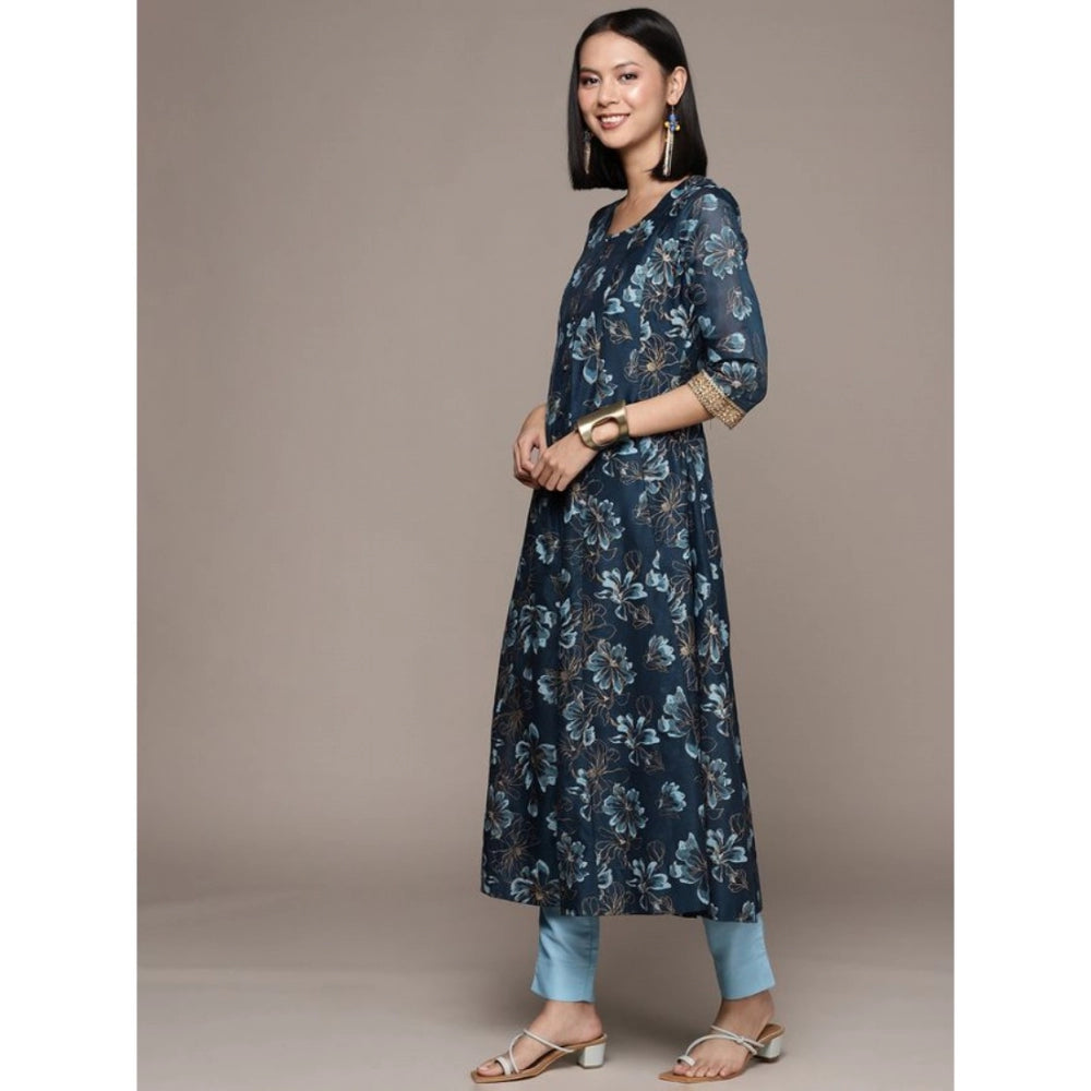 Amfyn Women's Casual 3-4Th Sleeve Floral Printed Chanderi Cotton Kurti And Pant Set (Navy Blue)