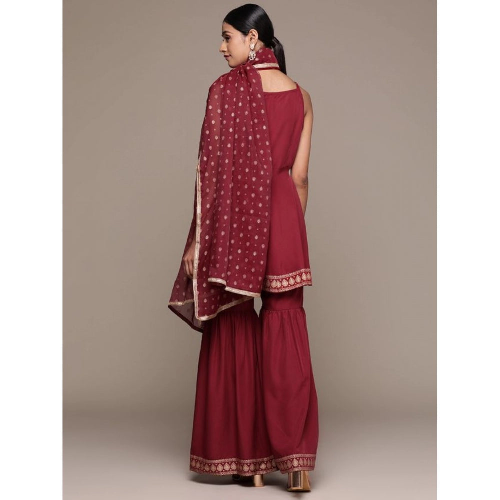 Amfyn Women's Casual Sleeveless Ethnic Motifs Crepe Kurti Sharara And Dupatta Set (Maroon)