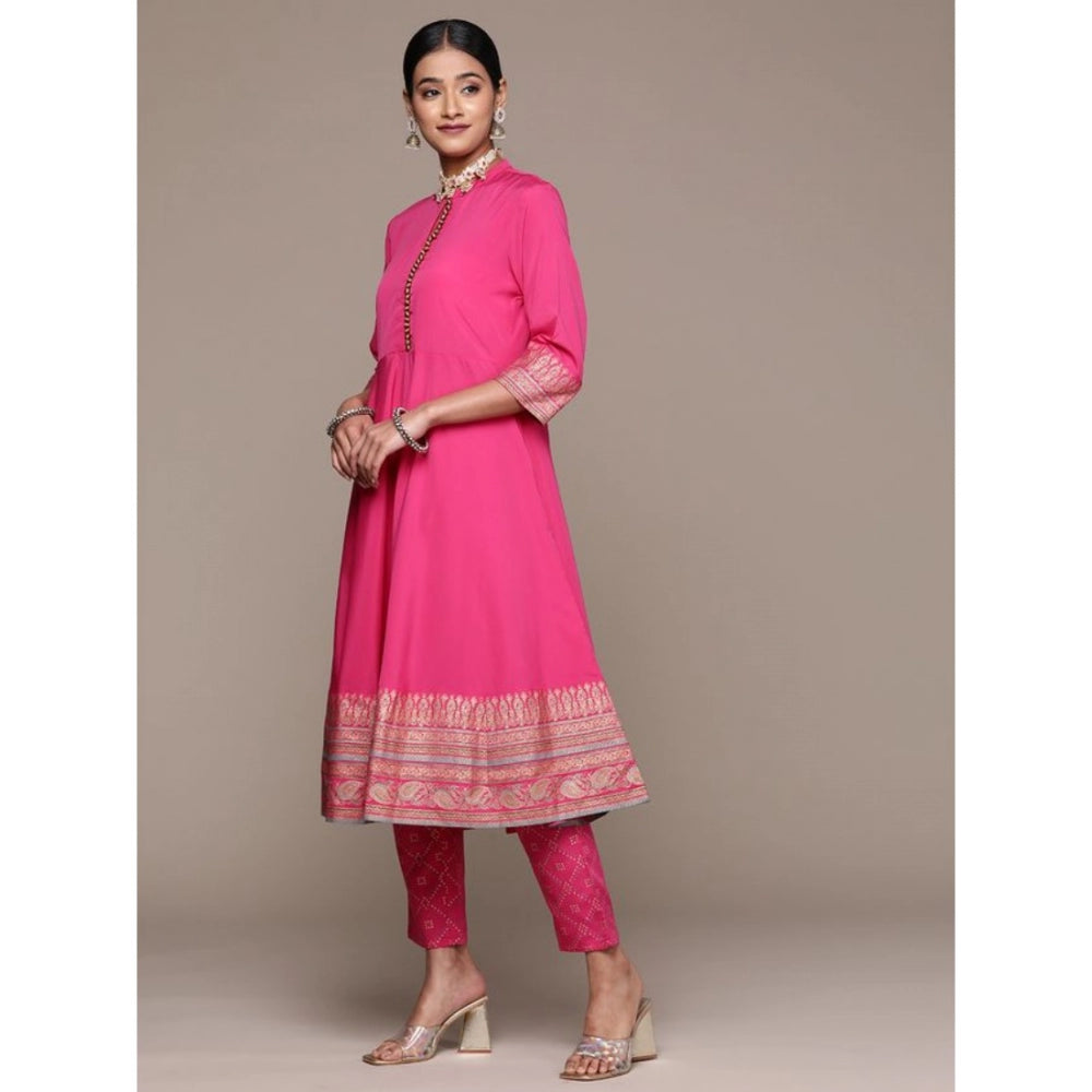 Amfyn Women's Casual 3-4Th Sleeve Ethnic Motifs Crepe Kurti Pant And Dupatta Set (Pink)