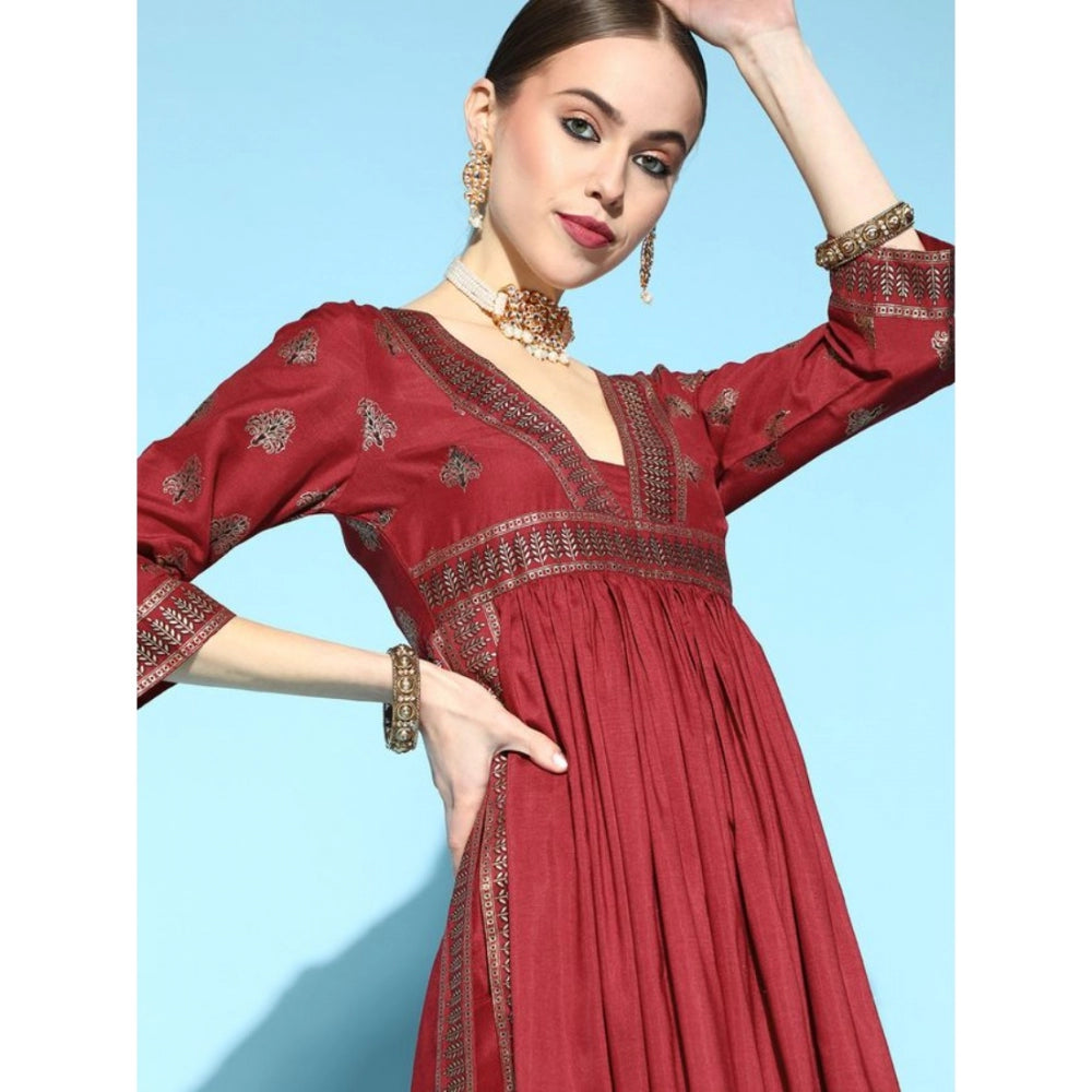 Amfyn Women's Casual 3-4Th Sleeve Floral Printed Chinon Kurti And Pant Set (Maroon)