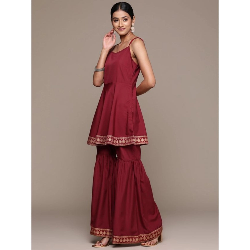 Amfyn Women's Casual Sleeveless Ethnic Motifs Crepe Kurti Sharara And Dupatta Set (Maroon)