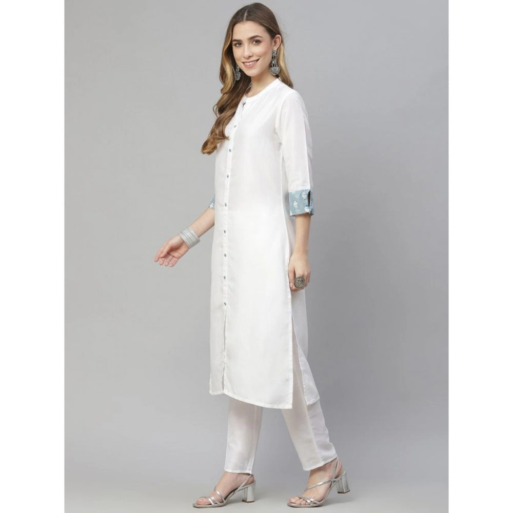 Amfyn Women's Casual 3-4Th Sleeve Solid Chinon Kurti Pant And Dupatta Set (White)