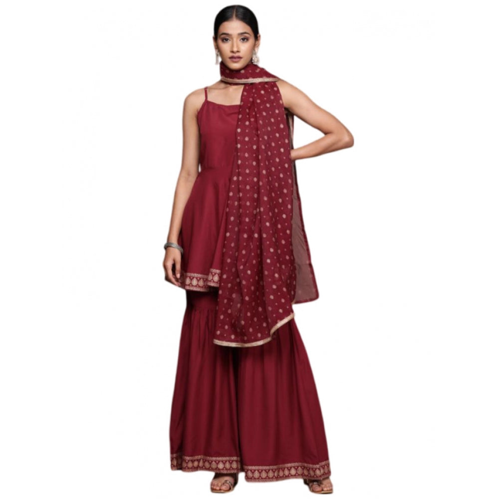 Amfyn Women's Casual Sleeveless Ethnic Motifs Crepe Kurti Sharara And Dupatta Set (Maroon)