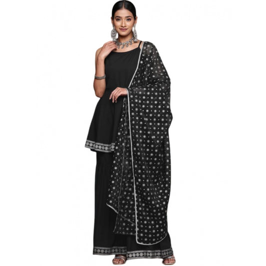 Fashion Women's Casual Sleeveless Ethnic Motifs Crepe Kurti Sharara And Dupatta Set (Black)