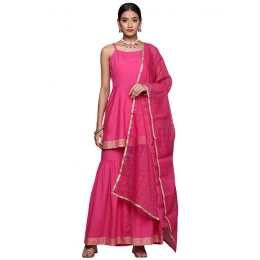 Fashion Women's Casual Sleeveless Ethnic Motifs Crepe Kurti Sharara And Dupatta Set (Pink)