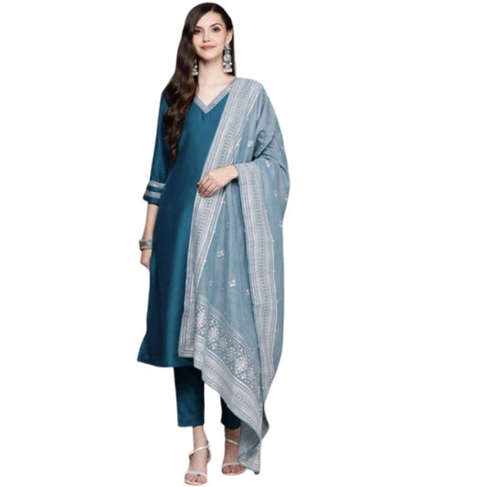 Fashion Women's Casual 3-4Th Sleeve Mughal Stripe Design Chinon Kurti Pant And Dupatta Set (Teal Blue)