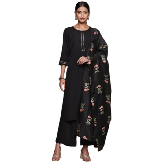 Amfyn Women's Casual 3-4Th Sleeve Ethnic Motifs Crepe Kurti Palazzo And Dupatta Set (Black)