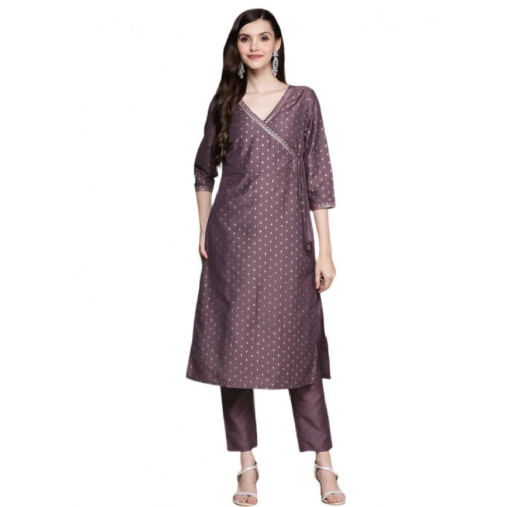 Amfyn Women's Casual 3-4Th Sleeve Small Butti Chinon Kurti And Pant Set (Purple)