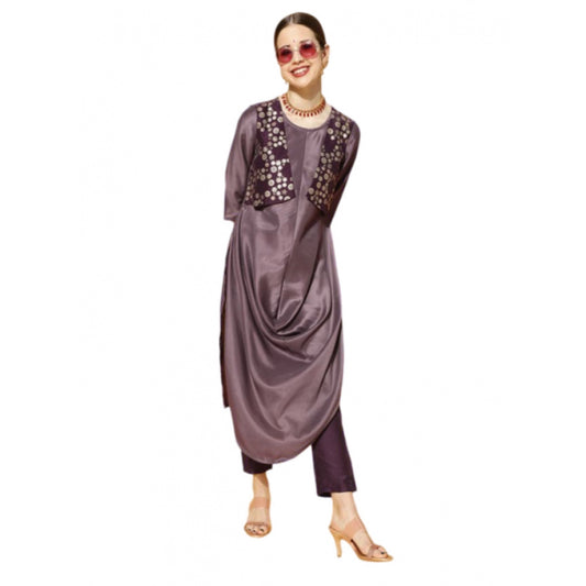 Amfyn Women's Casual 3-4Th Sleeve Solid Chinon Kurti And Pant Set (Purple)