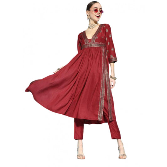 Amfyn Women's Casual 3-4Th Sleeve Floral Printed Chinon Kurti And Pant Set (Maroon)