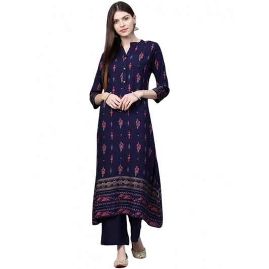 Amfyn Women's Casual 3-4Th Sleeve Ikkat Rayon Kurti and Palazzo Set (Navy Blue)