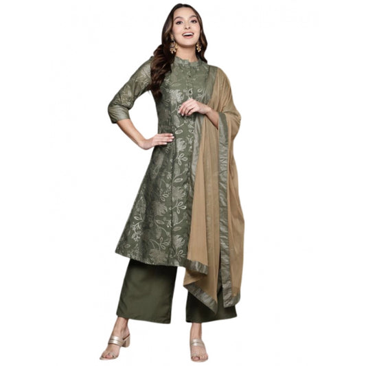 Amfyn Women's Casual 3-4Th Sleeve Floral Printed Chanderi Cotton Kurti Palazzo And Dupatta Set (Green)