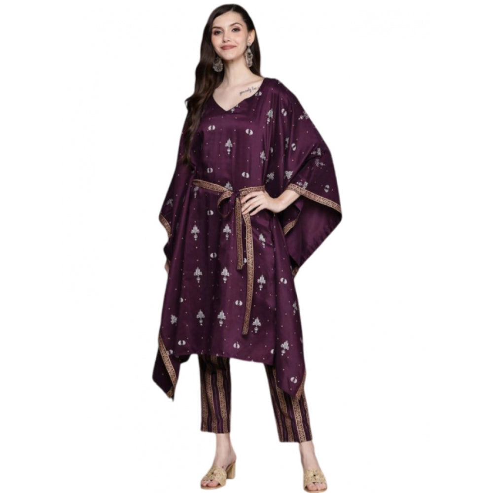 Amfyn Women's Casual 3-4Th Sleeve Traditional Crepe Kurti And Pant Set (Wine)