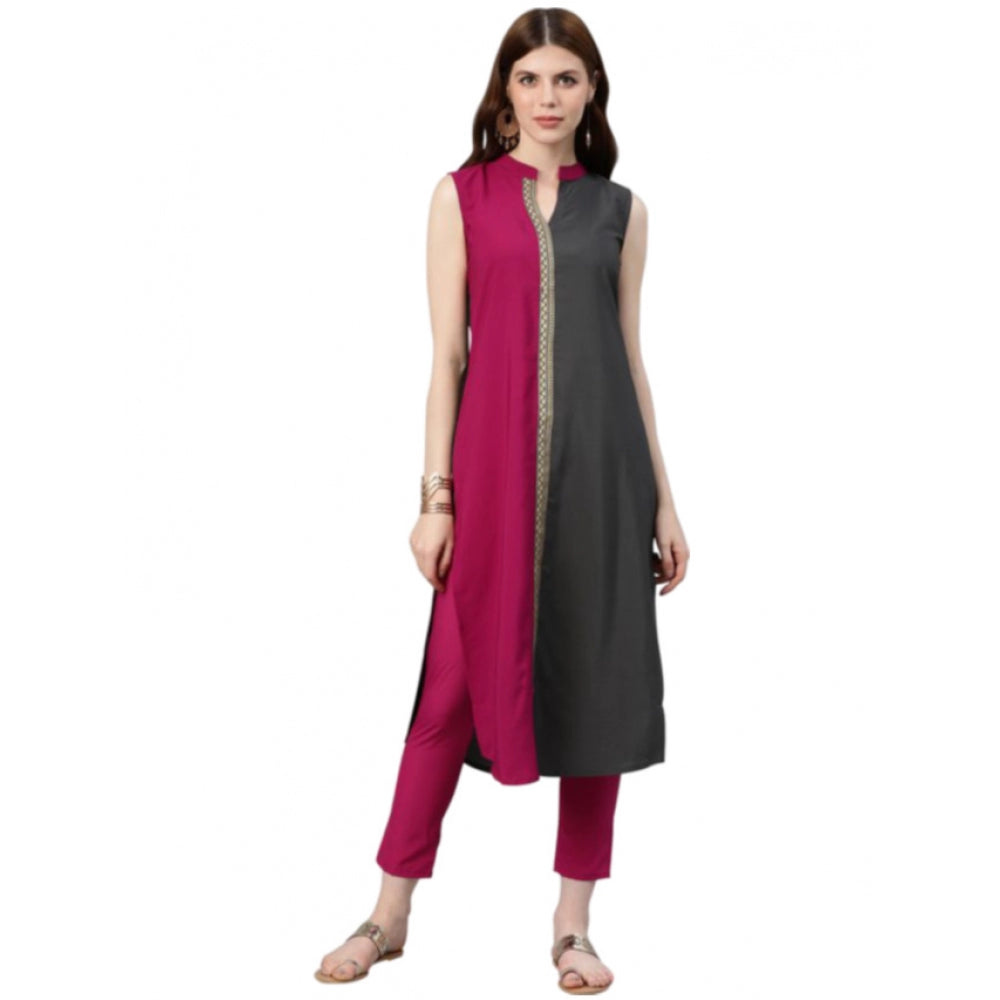 Amfyn Women's Casual sleeveless Solid Crepe Kurti And Pant Set (Pink)