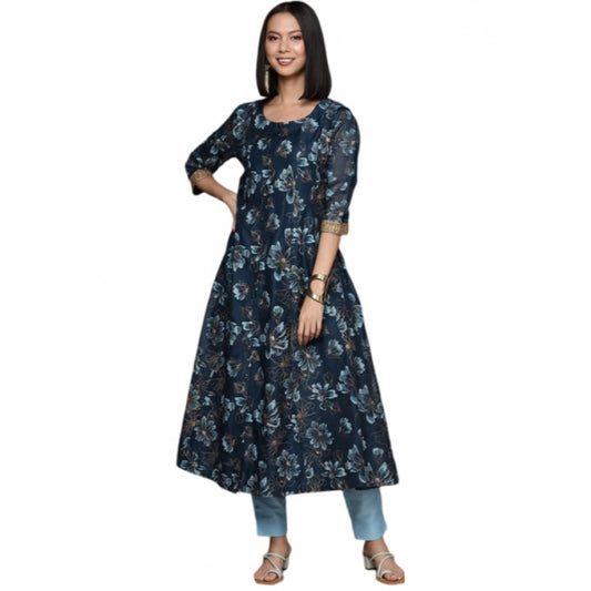 Fashion Women's Casual 3-4Th Sleeve Floral Printed Chanderi Cotton Kurti And Pant Set (Navy Blue)