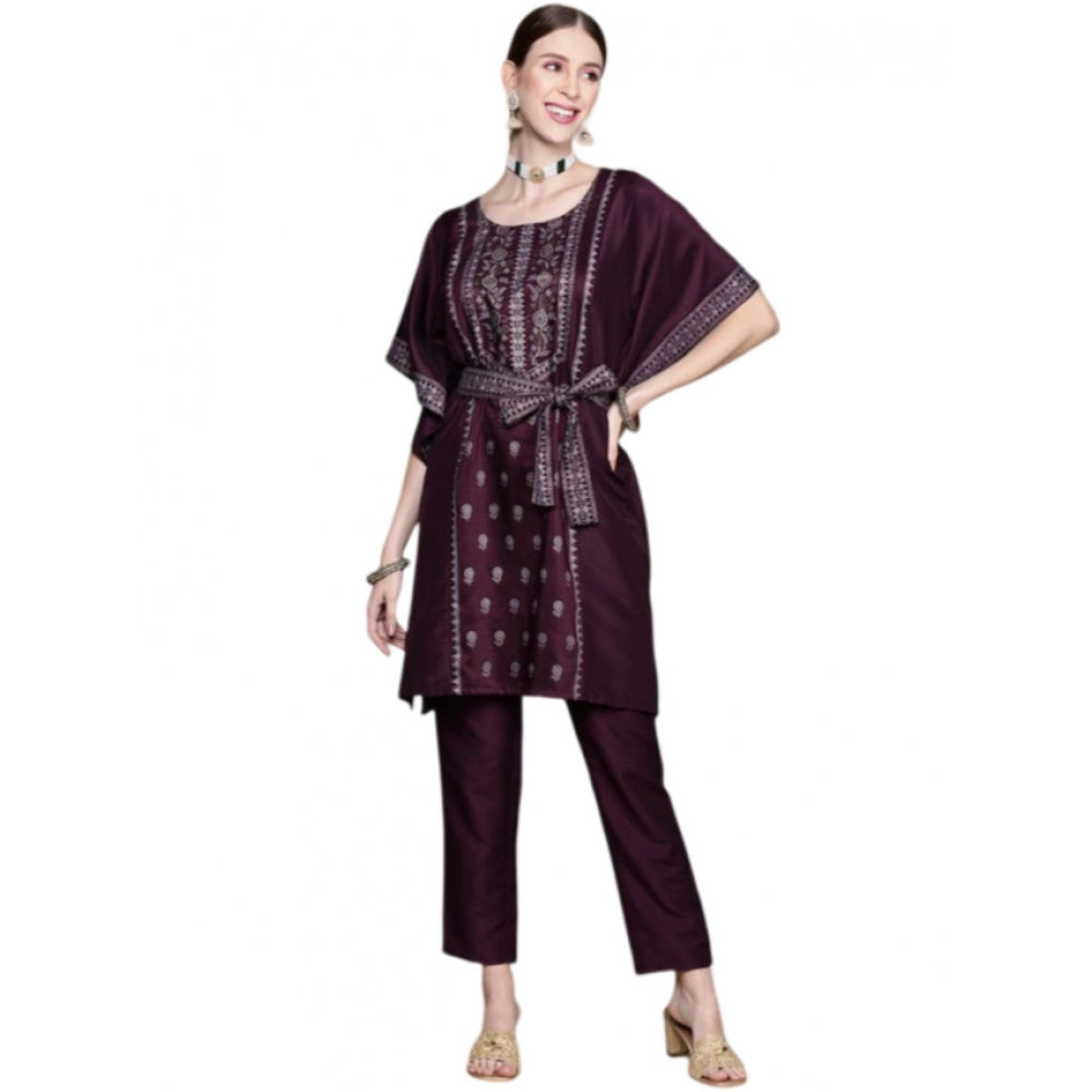 Amfyn Women's Casual 3-4Th Sleeve Floral Printed Chinon Kurti And Pant Set (Wine)