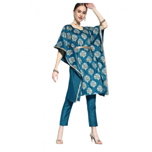 Amfyn Women's Casual 3-4Th Sleeve Floral Printed Chinon Kurti And Pant Set (Teal)