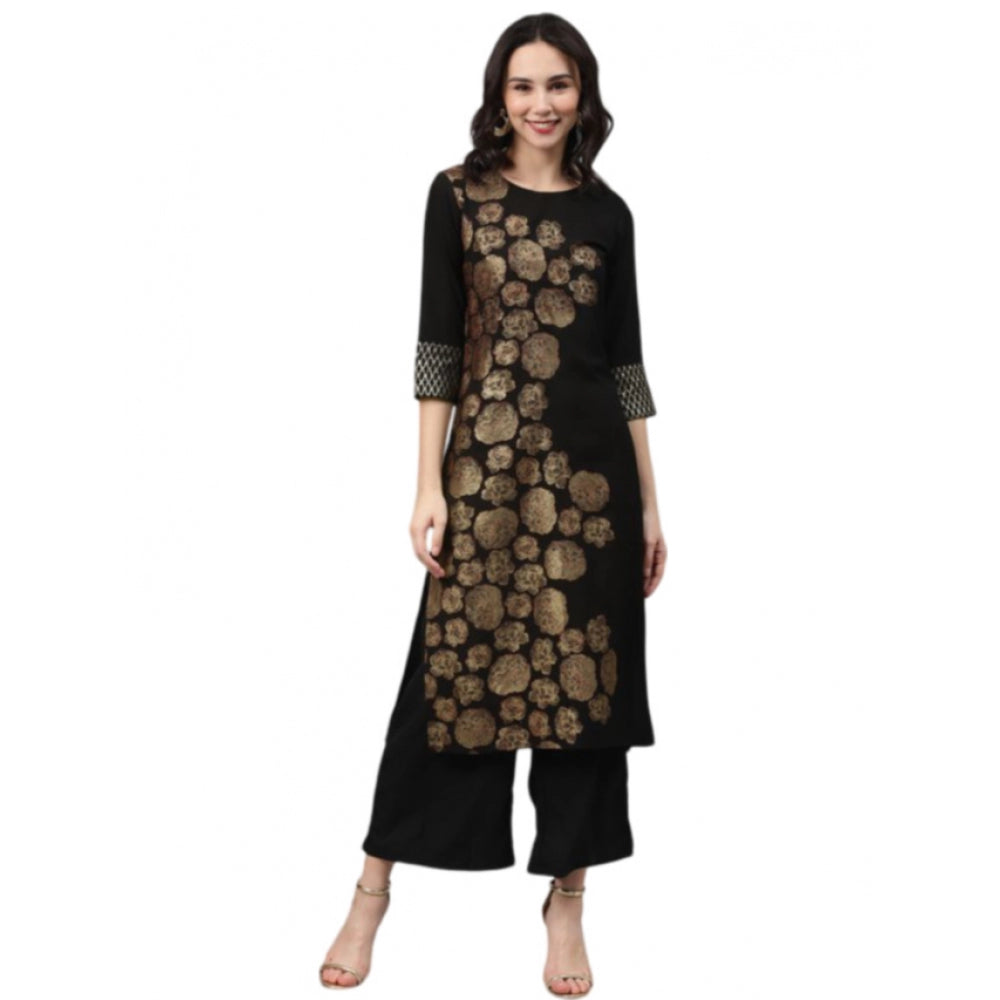 Amfyn Women's Casual 3-4Th Sleeve Floral Printed Crepe Kurti And Palazzo Set (Black)