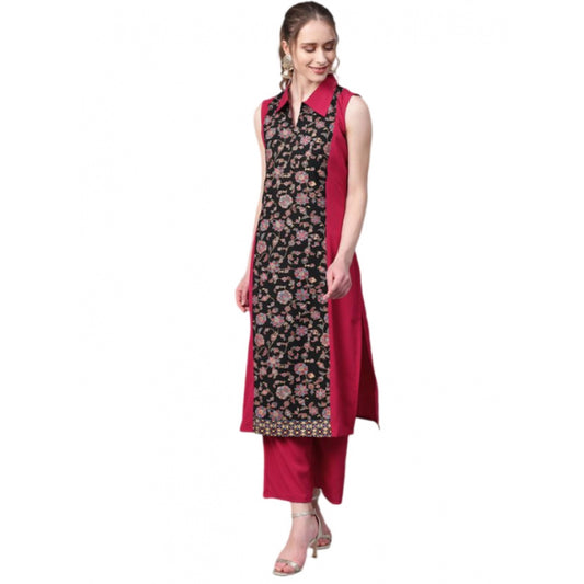 Amfyn Women's Casual Sleeveless Floral Printed Crepe Kurti and Palazzo Set (Pink)