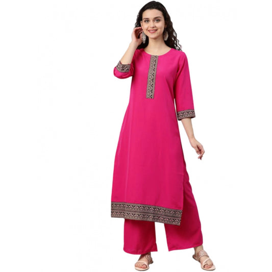 Amfyn Women's Casual 3-4Th Sleeve Solid Crepe Kurti And Palazzo Set (Pink)