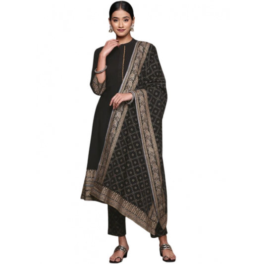 Amfyn Women's Casual 3-4Th Sleeve Ethnic Motifs Crepe Kurti Pant And Dupatta Set (Black)