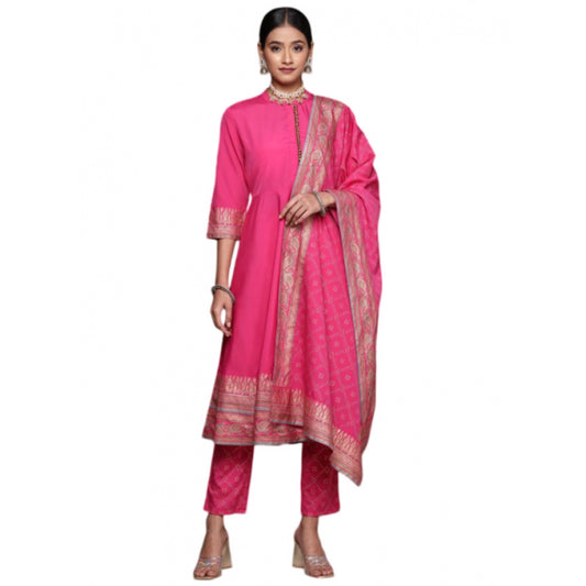 Fashion Women's Casual 3-4Th Sleeve Ethnic Motifs Crepe Kurti Pant And Dupatta Set (Pink)