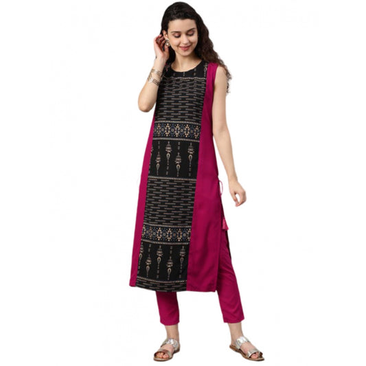 Amfyn Women's Casual sleeveless Tribal Crepe Kurti and Pant Set (Pink)