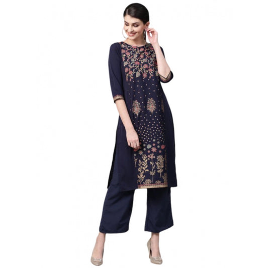 Amfyn Women's Casual 3-4Th Sleeve Floral Printed Crepe Kurti And Palazzo Set (Navy Blue)