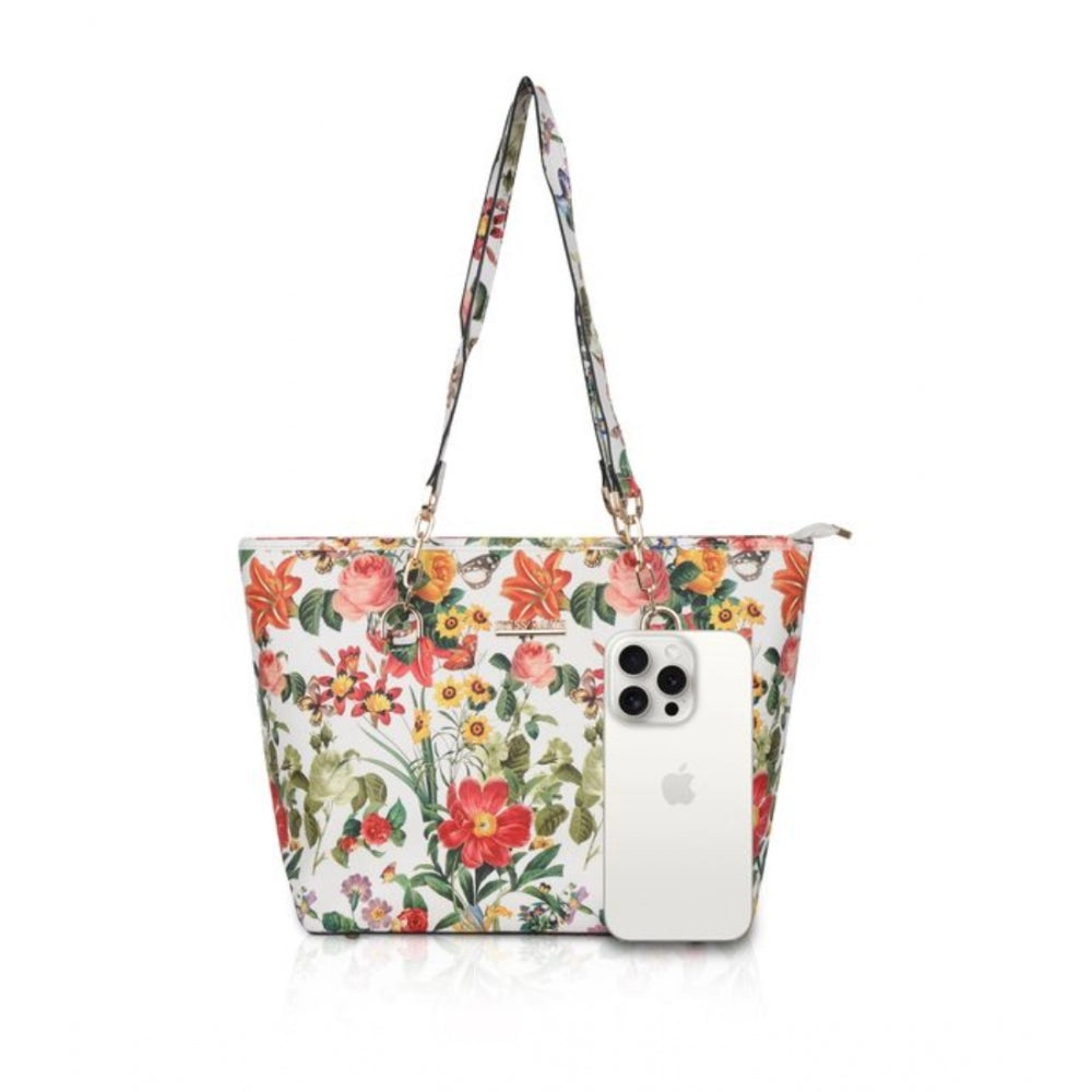 Fashion Women's Faux Leather Printed Tote Bag (White Orang)