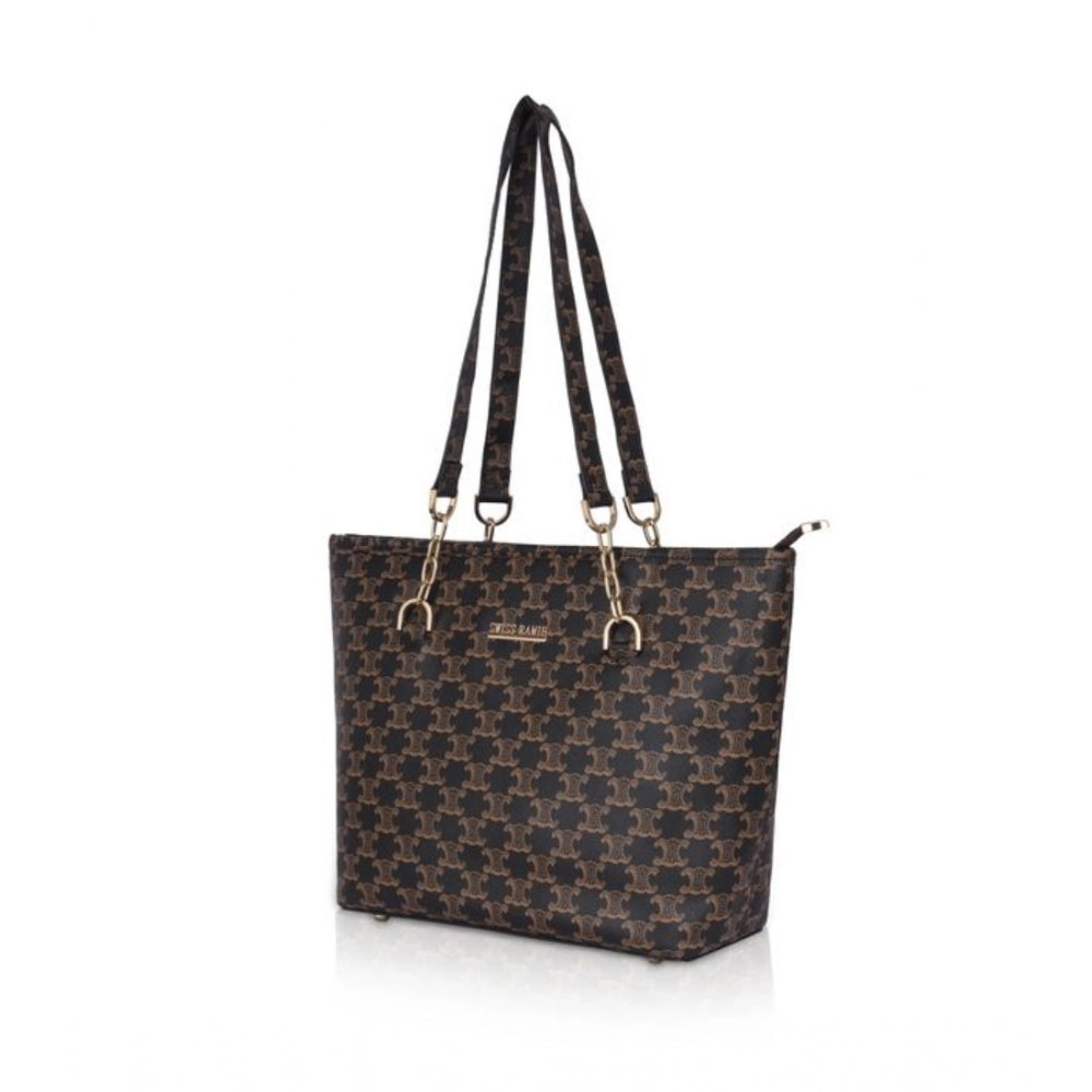 Fashion Women's Faux Leather Printed Tote Bag (Brown)