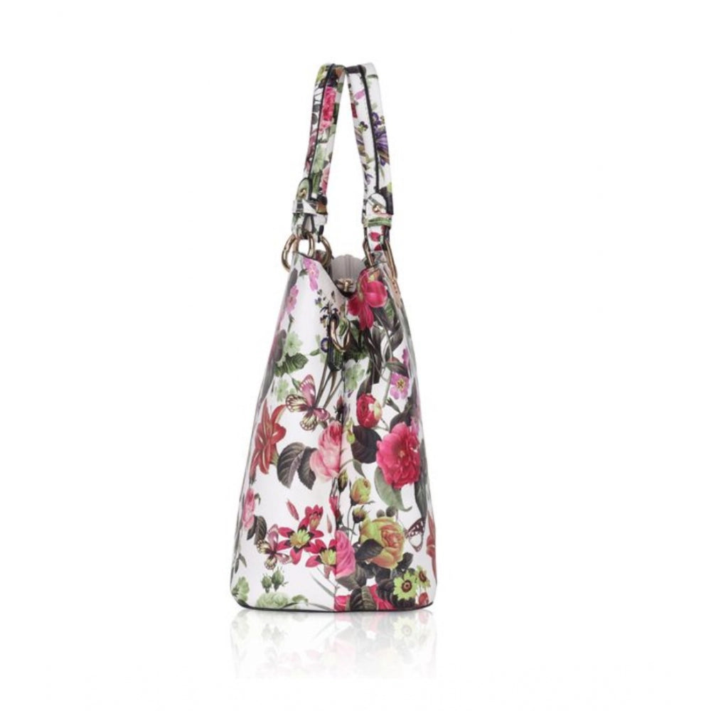 Fashion Women's Faux Leather Printed Handheld Bag (White Pink)