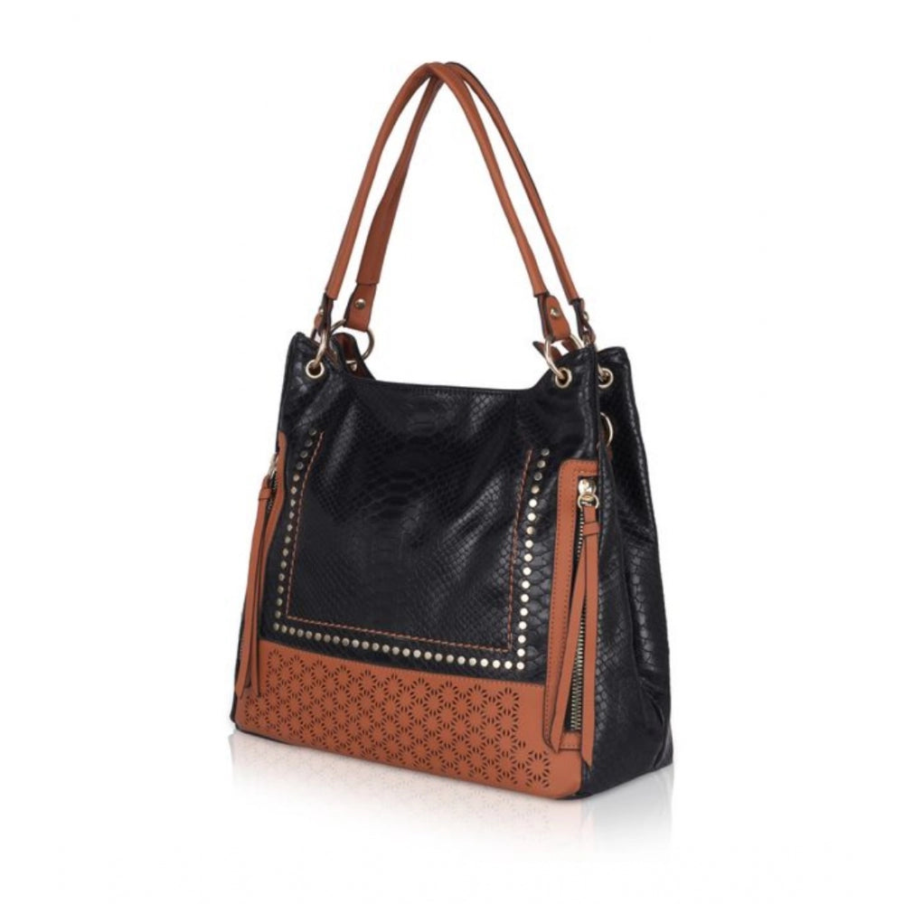 Fashion Women's Faux Leather Textured Tote Bag (Black)