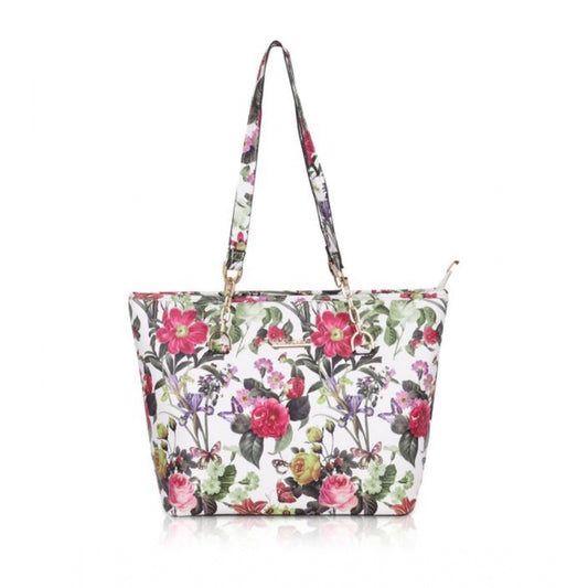 Fashion Women's Faux Leather Printed Tote Bag (White Pink)