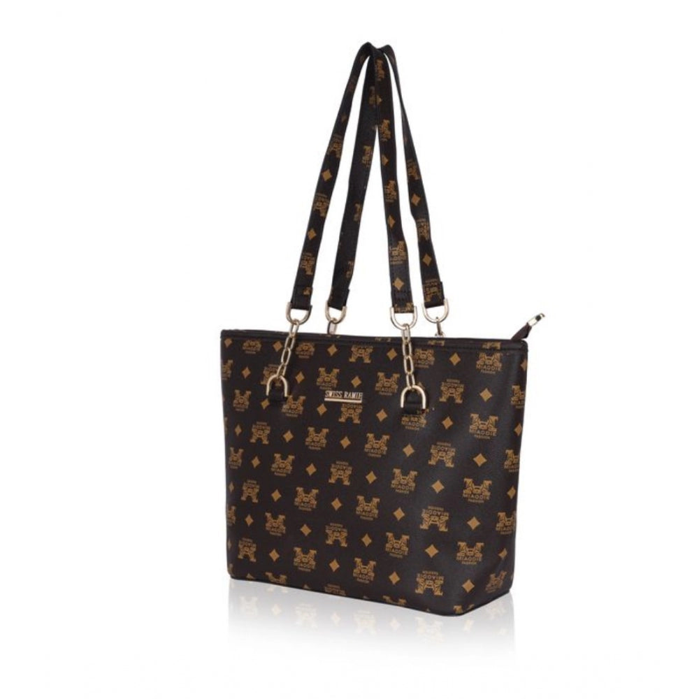 Fashion Women's Faux Leather Printed Tote Bag (Brown)