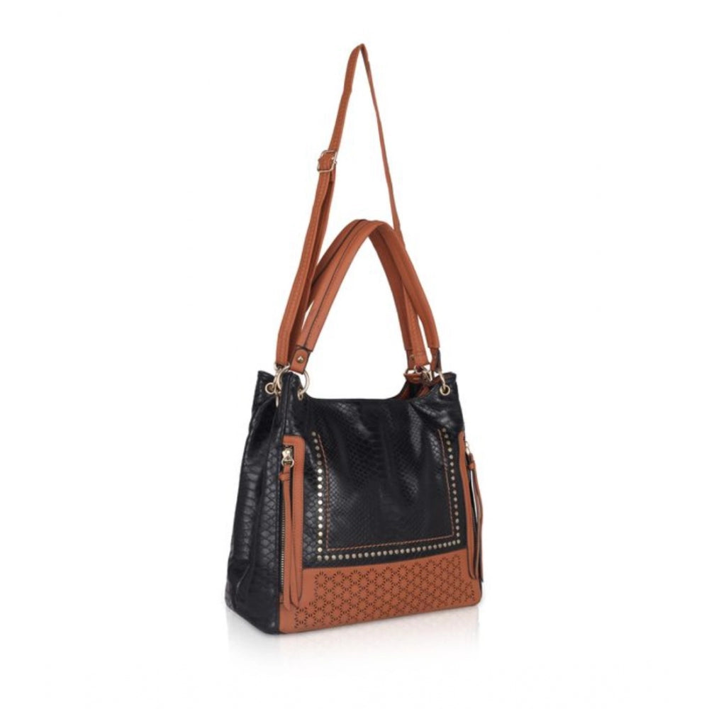 Fashion Women's Faux Leather Textured Tote Bag (Black)