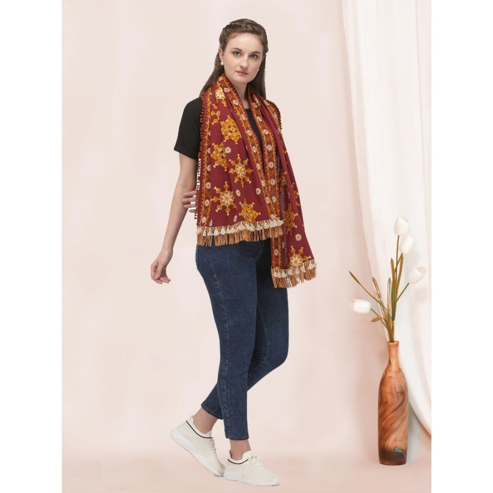 Amfyn Women's Cotton Embroidered Muffler (Maroon, Length: 0.5 to 1 Mtr)