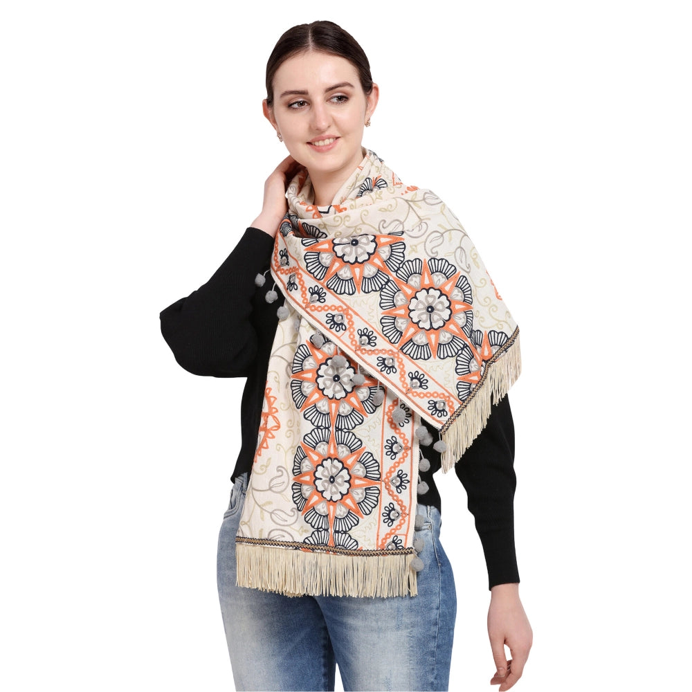 Amfyn Women's Cotton Embroidered Muffler (Off White, Length: 0.5 to 1 Mtr)